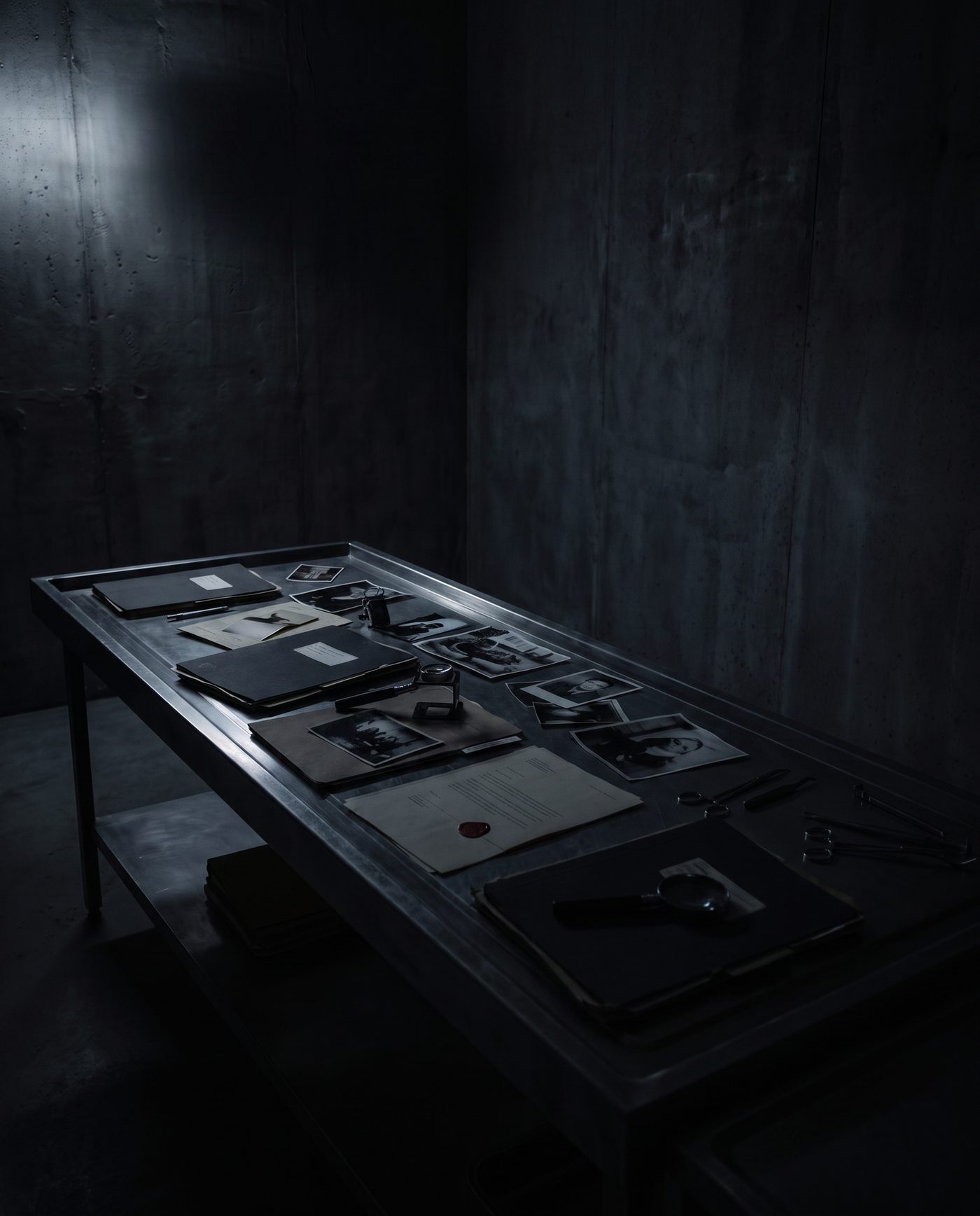 A steel examination table in near darkness